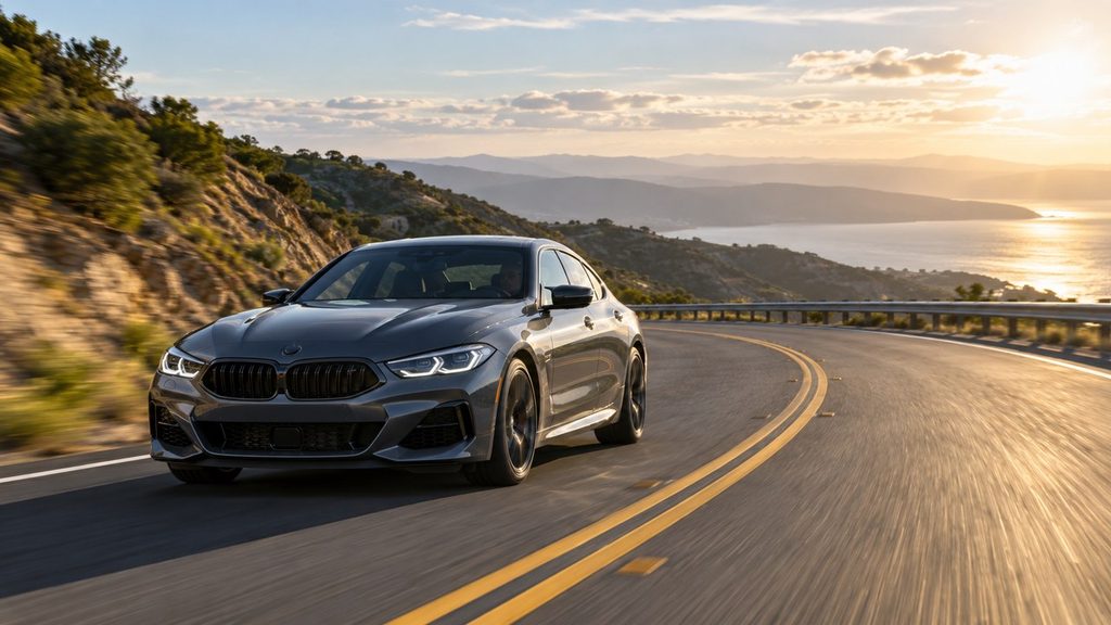 Performance car cornering on a road illustrating caster and steering stability