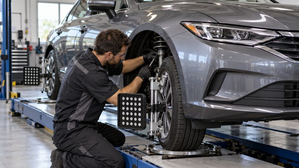 Technician checking front wheel alignment equipment before measuring caster angle