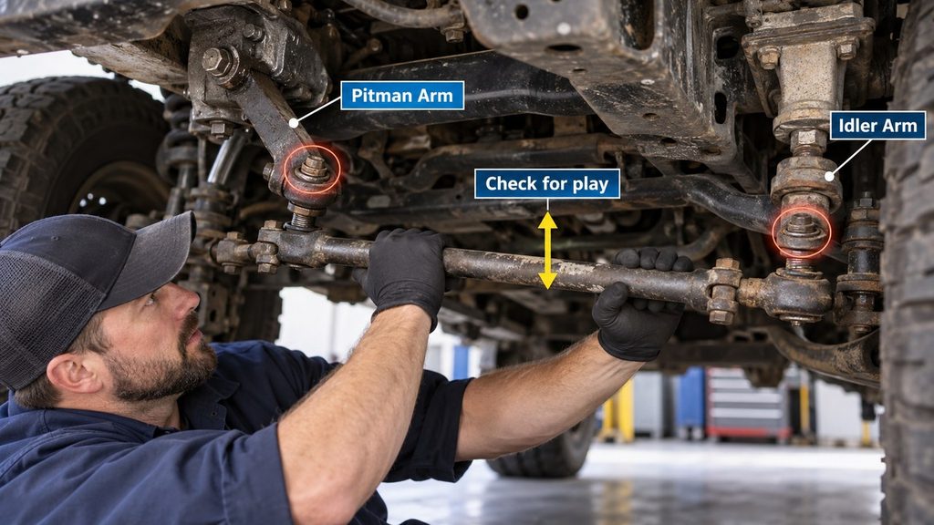 Mechanic checking pitman arm and idler arm play under a truck steering linkage