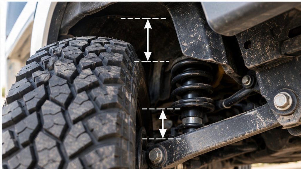 Off-road tire inside a wheel well with arrows illustrating clearance near suspension components