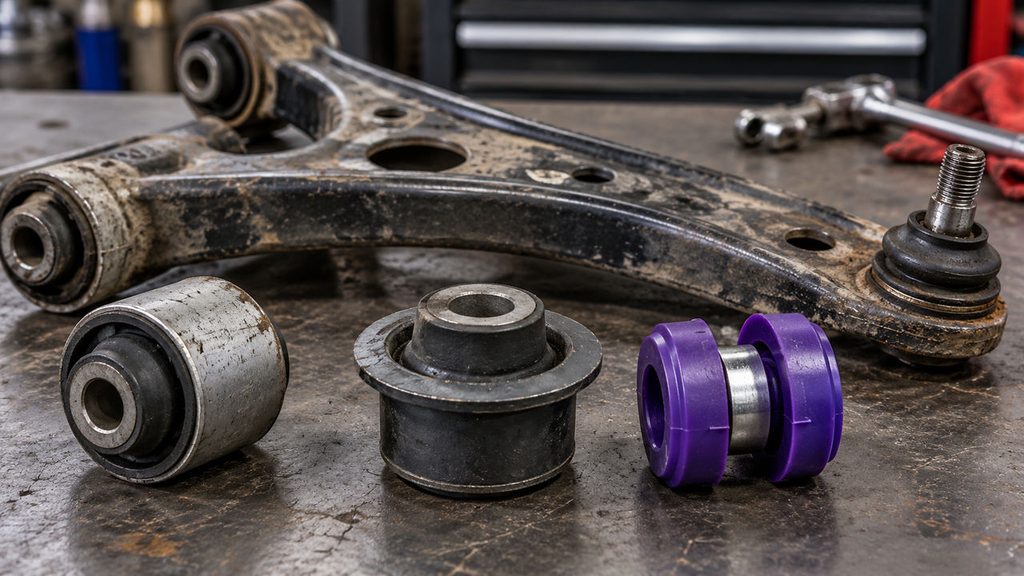 Control arm with rubber bushings, metal-sleeved bushing and two-piece polyurethane bushing