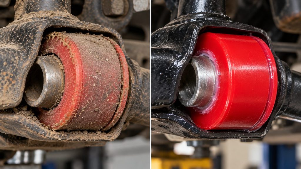 Dry vs lubricated polyurethane bushing comparison showing contamination on one side and proper grease on the other