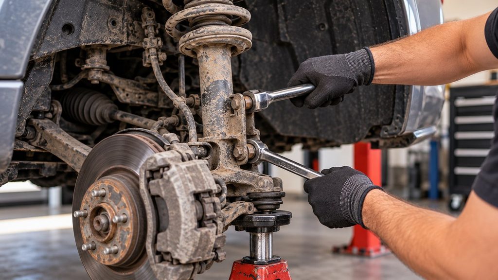 Mechanic loosening lower front strut mounting bolts at the steering knuckle with hand tools