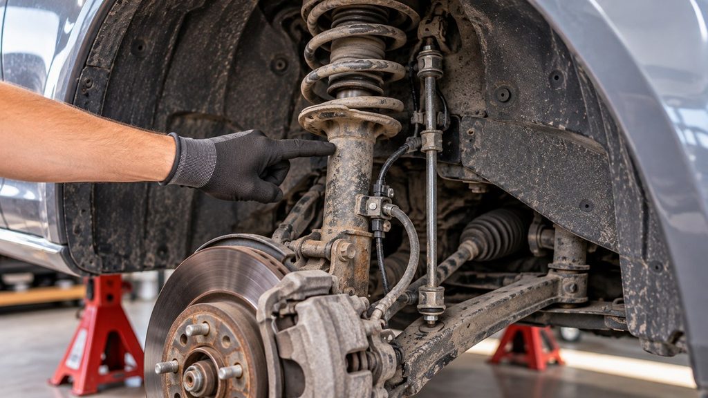 Mechanic pointing to a front MacPherson strut with brake hose bracket and sway bar link visible