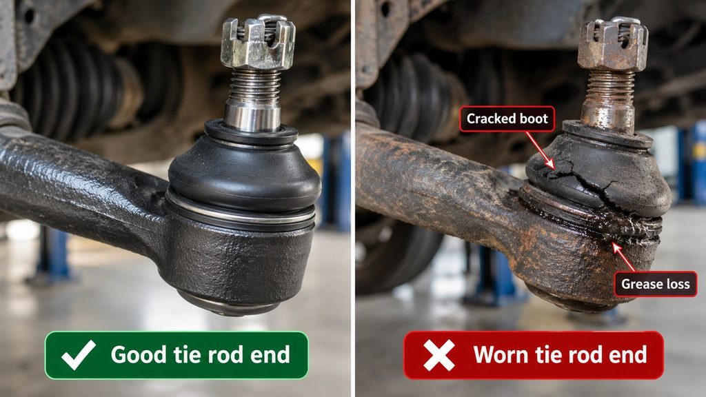 Good vs worn tie rod end showing a cracked dust boot, corrosion and grease loss