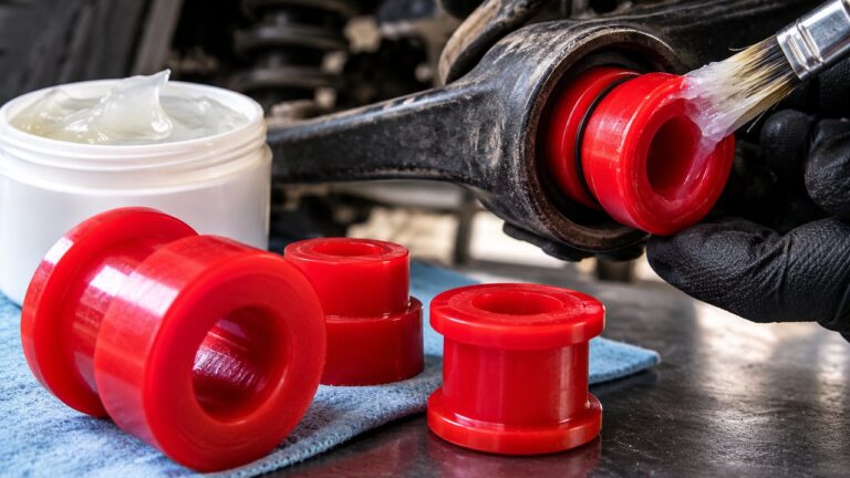 Applying grease to red polyurethane suspension bushings