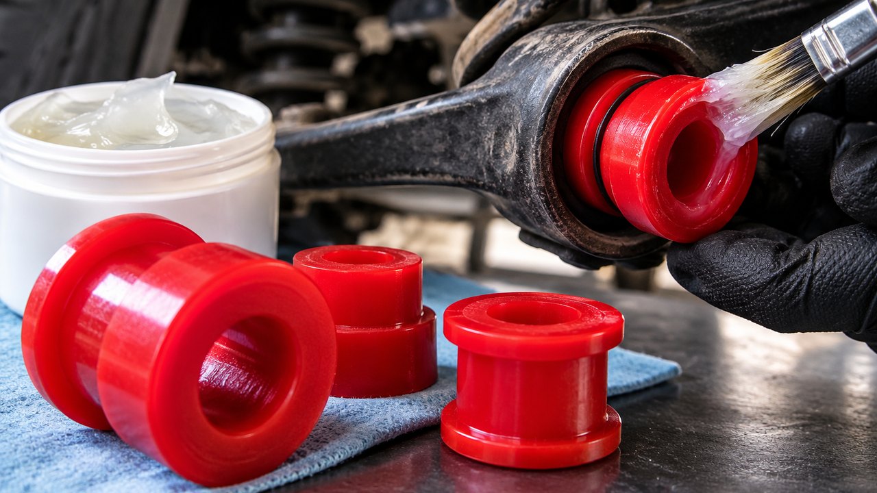 Applying grease to red polyurethane suspension bushings