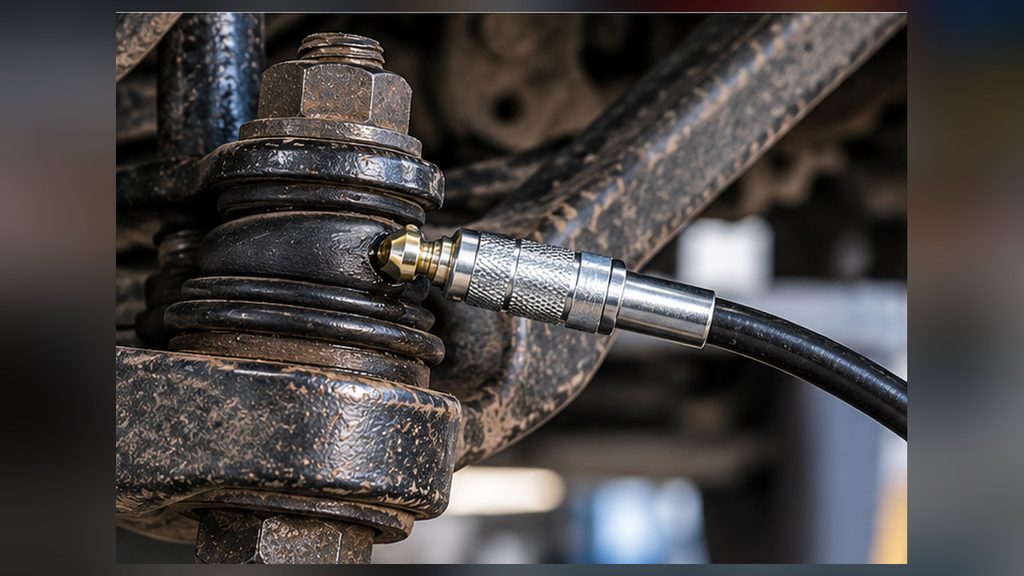 Grease gun coupler connected to a Zerk fitting on a vehicle suspension ball joint