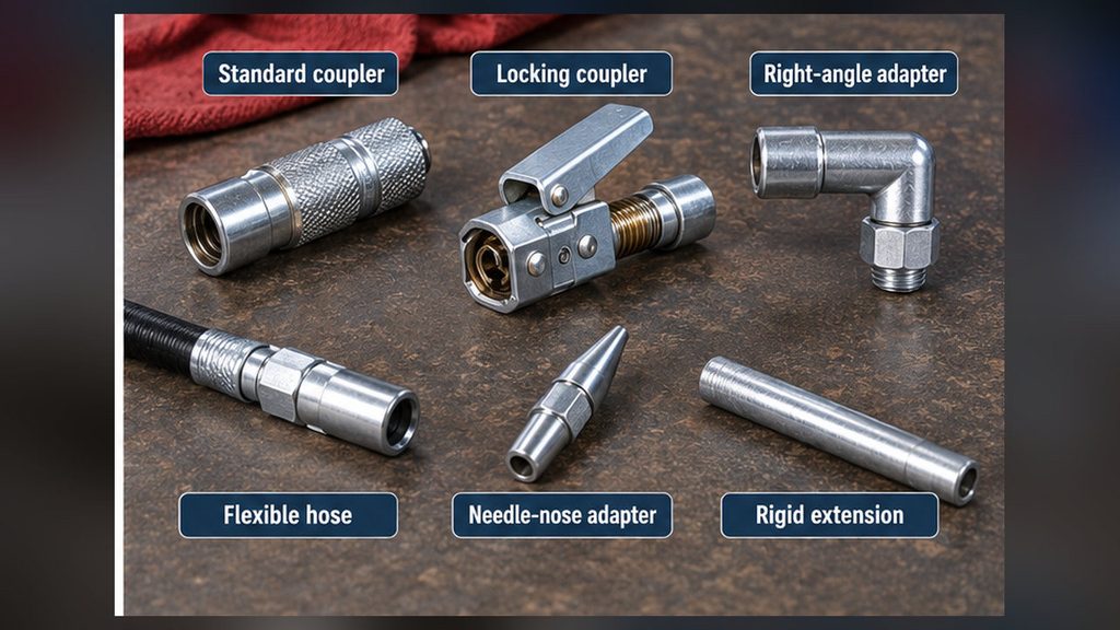 Grease gun couplers and adapters including standard, locking, right-angle and needle-nose fittings