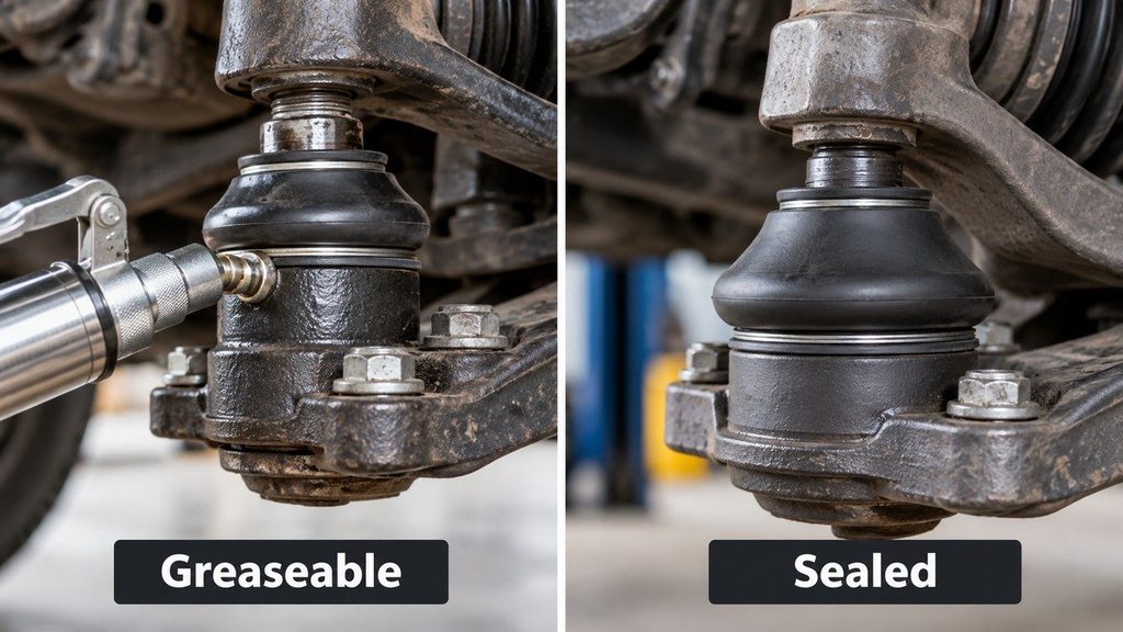 Greaseable ball joint with grease fitting compared to a sealed suspension ball joint