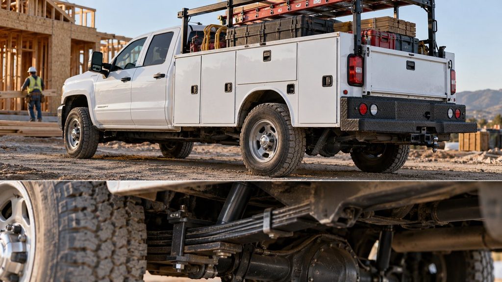 Work truck carrying tools and equipment with heavy-duty rear helper springs