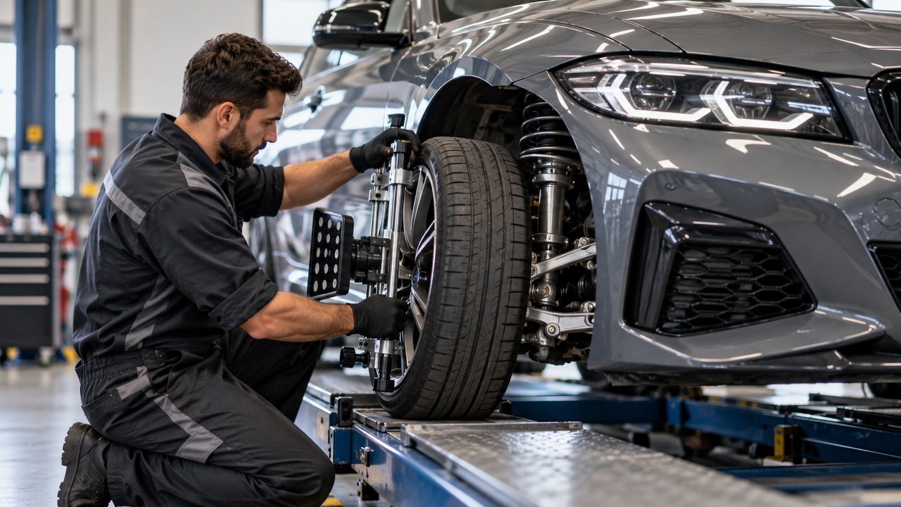 Technician checking front wheel camber angle using professional alignment equipment