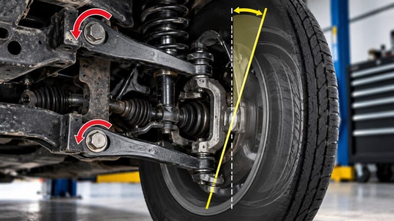 Front suspension showing caster angle adjustment points and steering axis geometry