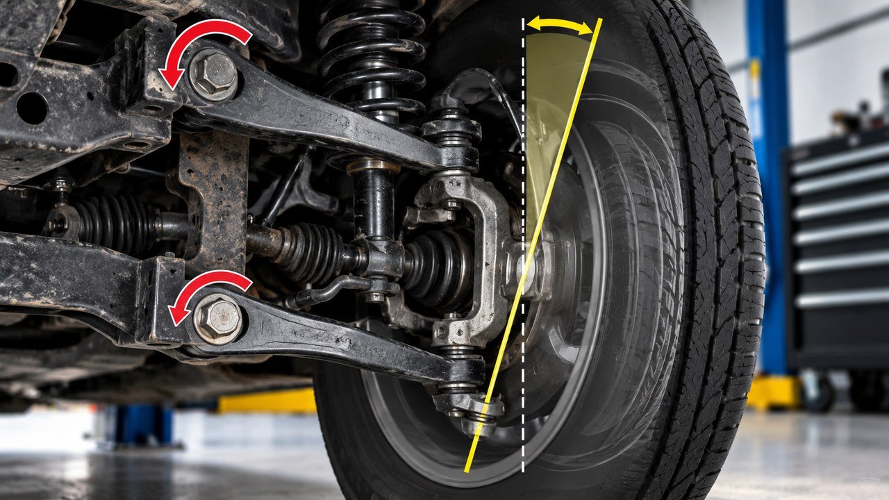 Front suspension showing caster angle adjustment points and steering axis geometry