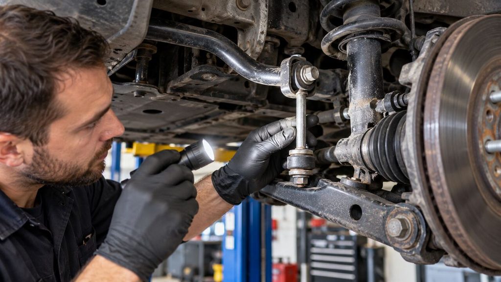 Mechanic inspecting a front sway bar link and stabilizer bar connection