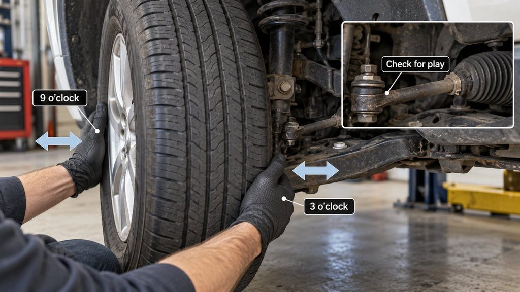 Mechanic checking tie rod play by holding a front tire at the 3 and 9 o'clock positions