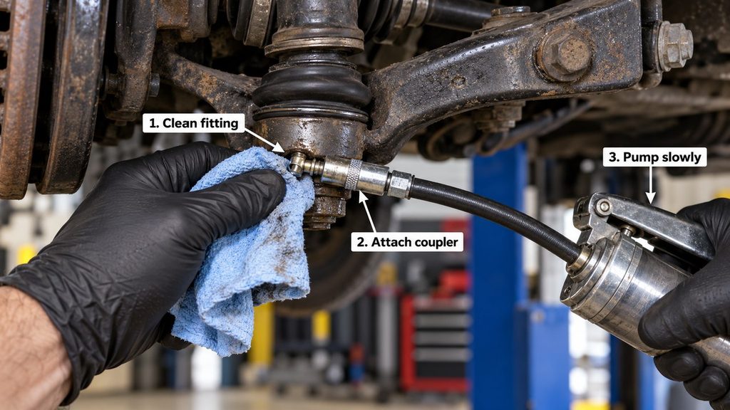 How to grease ball joints by cleaning the Zerk fitting, connecting a grease gun and pumping slowly