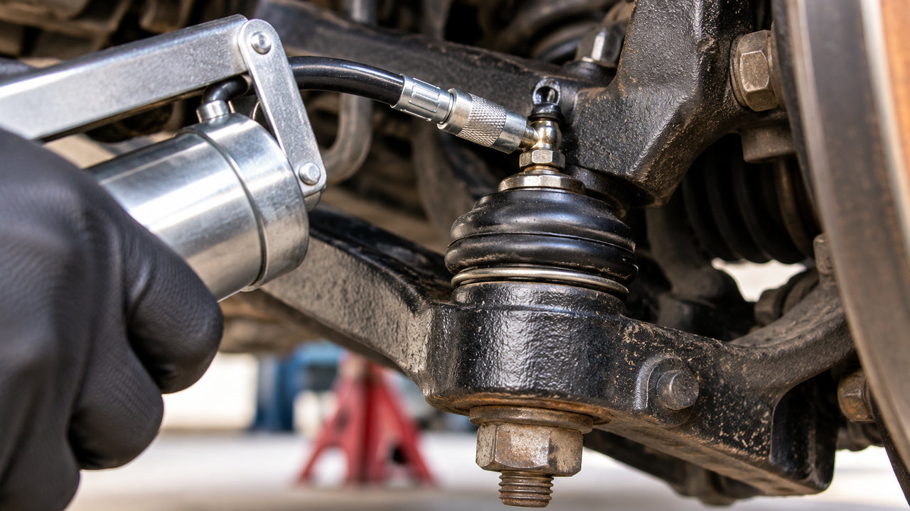 Mechanic using a grease gun to lubricate a ball joint through its Zerk fitting
