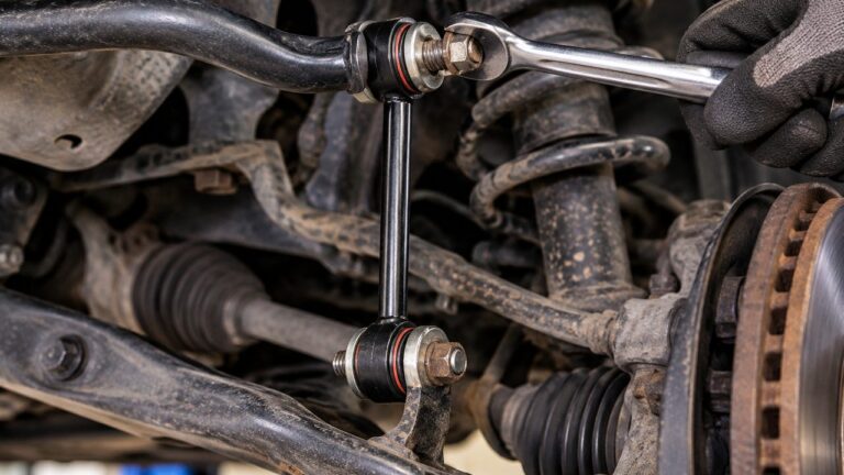 Mechanic replacing a sway bar link using a socket wrench on the upper mounting nut