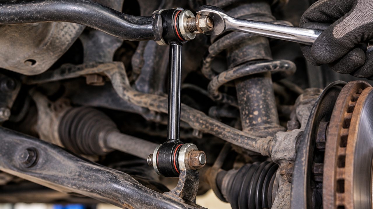 Mechanic replacing a sway bar link using a socket wrench on the upper mounting nut