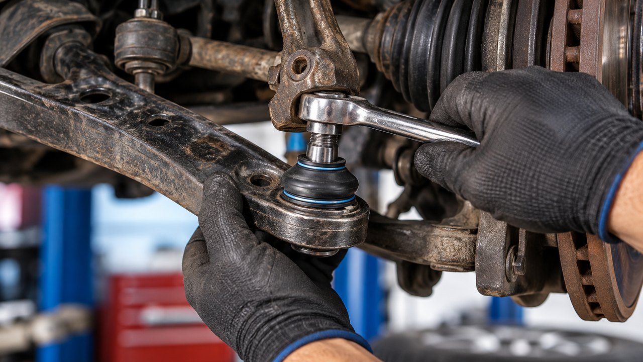 Mechanic replacing a lower ball joint on a car suspension using a socket wrench