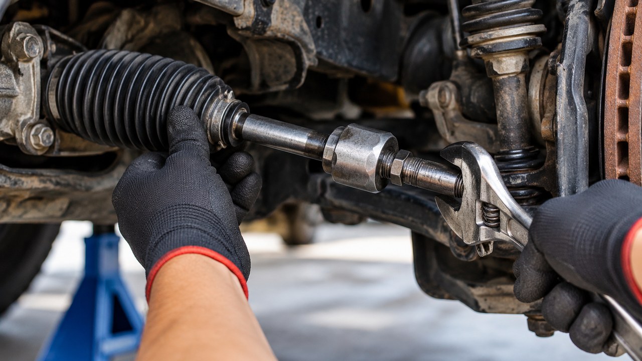 Mechanic working on an inner tie rod near the steering rack boot during replacement