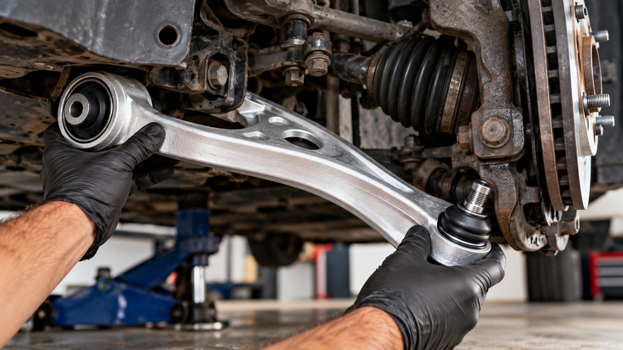 Mechanic installing a new lower control arm with bushings and ball joint on a car suspension