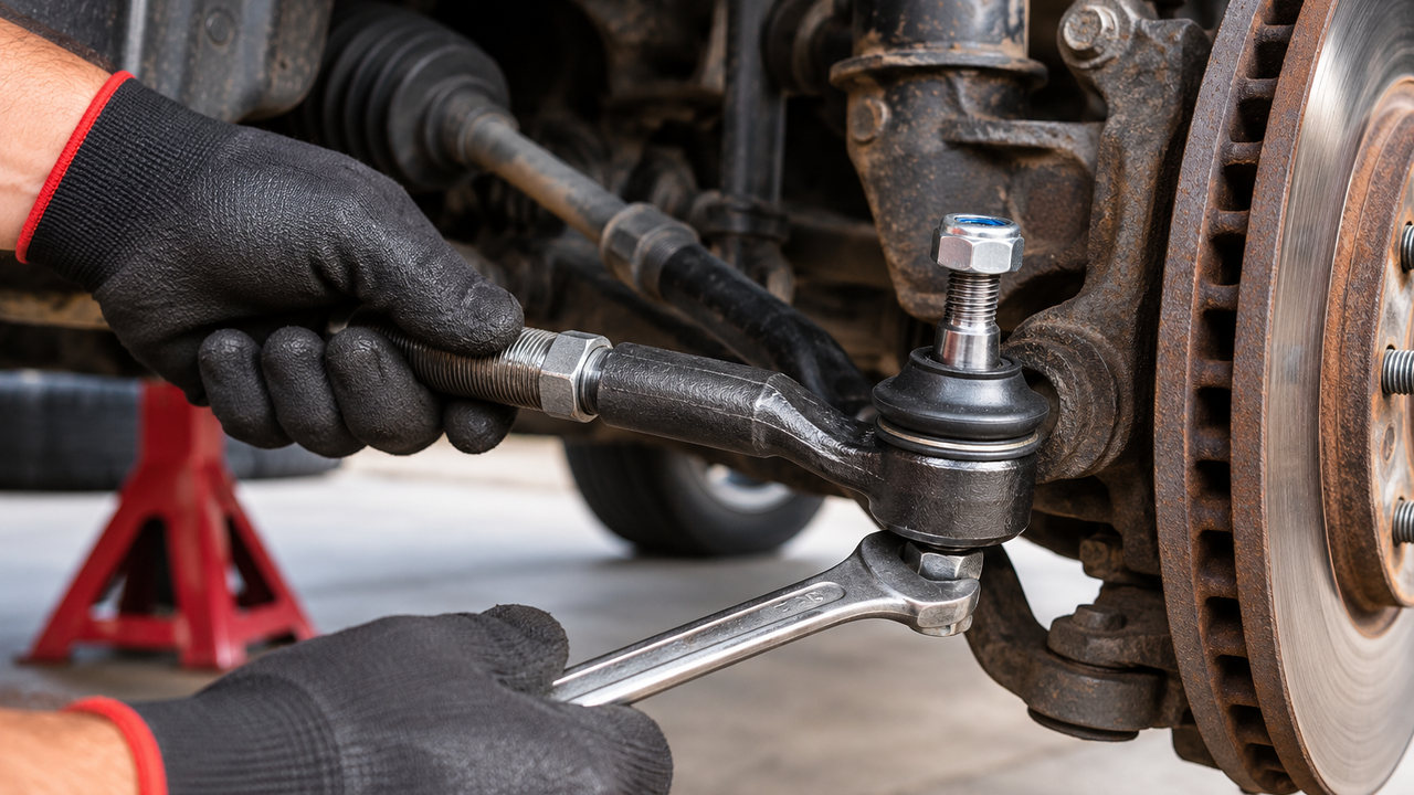Mechanic installing an outer tie rod end at the steering knuckle beside the front brake rotor
