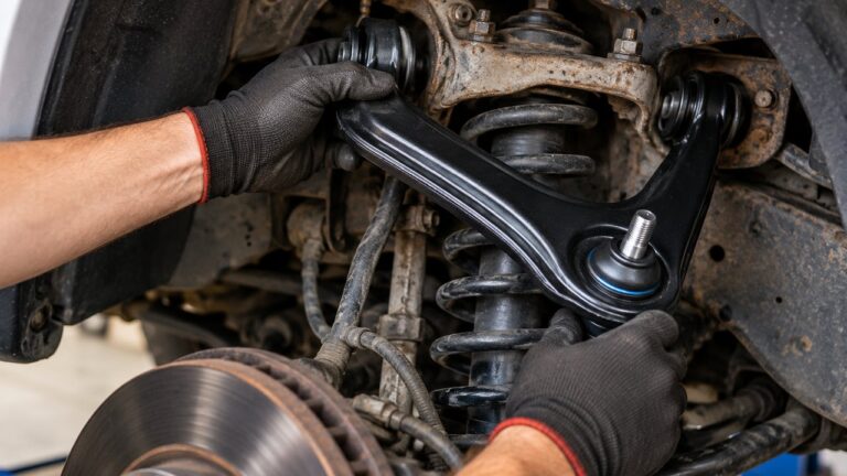 Mechanic positioning a new upper control arm with ball joint and bushings on a front suspension