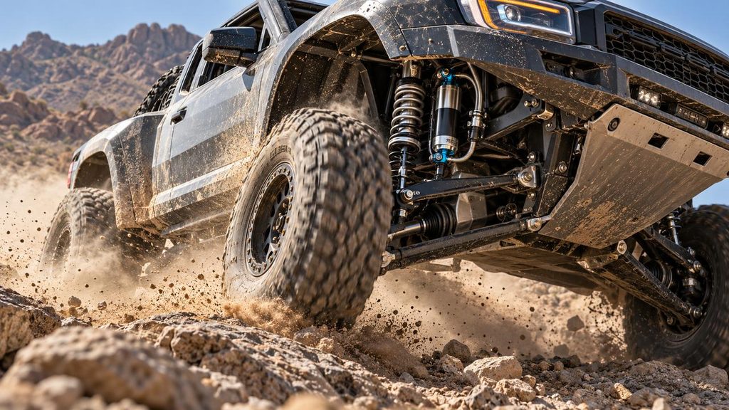 Off-road truck using hydraulic bump stops over rough terrain