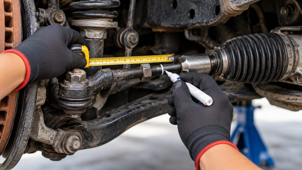 Mechanic measuring and marking inner tie rod position before steering linkage replacement