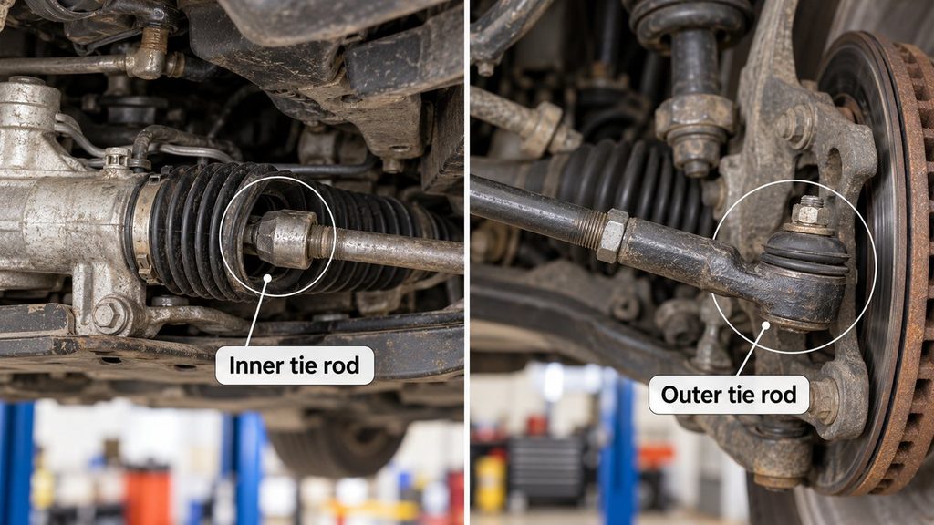 Inner vs outer tie rod location showing the steering rack connection and outer steering knuckle joint