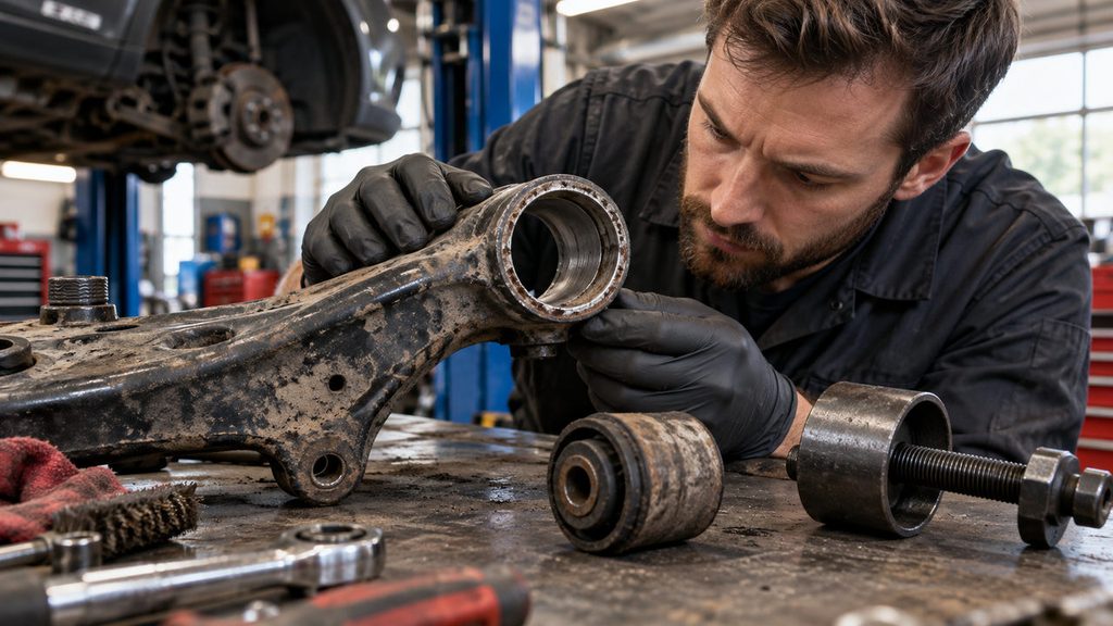 Mechanic inspecting an empty control arm bushing housing after removing the old rubber bushing