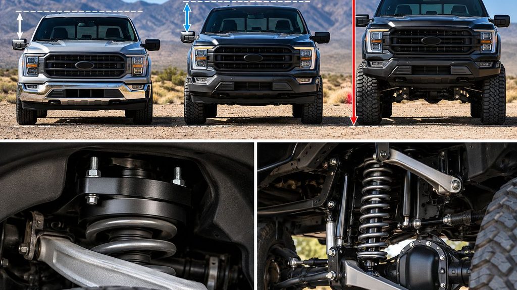 Stock, leveled and lifted pickup trucks compared by ride height