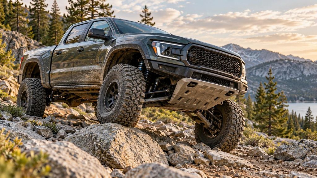 Lifted pickup truck using suspension clearance on rocky terrain