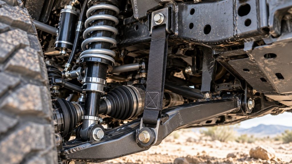 Limit strap on an independent front suspension with coilover and CV axle