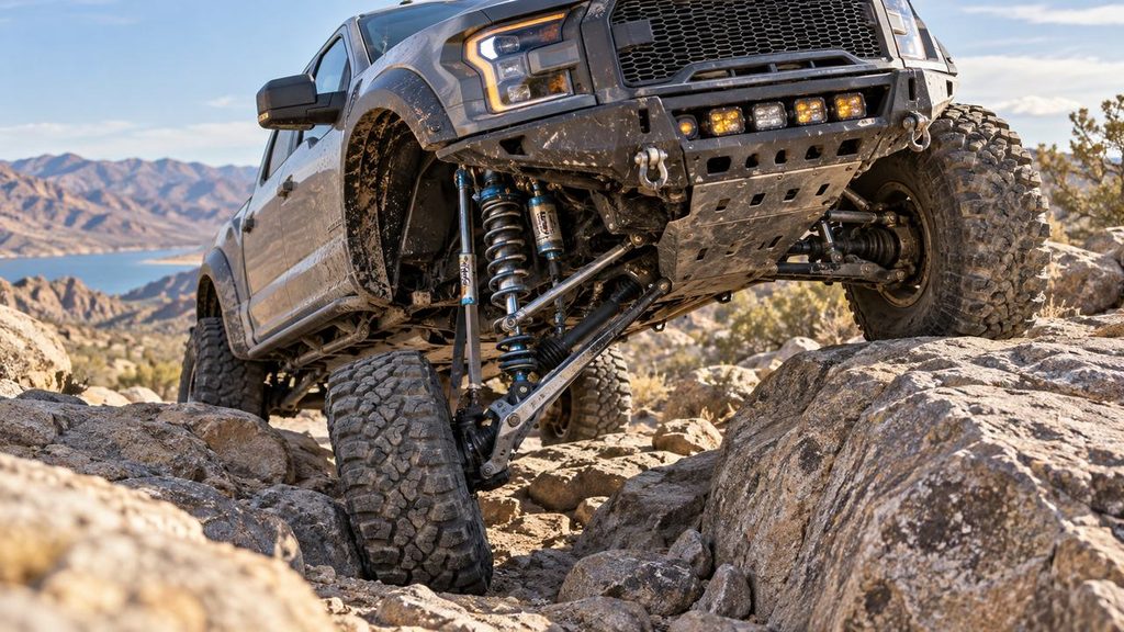 Long-travel off-road suspension articulating over rocks with limit straps