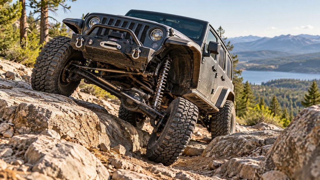 Solid axle off-road suspension articulating over rocks near full droop