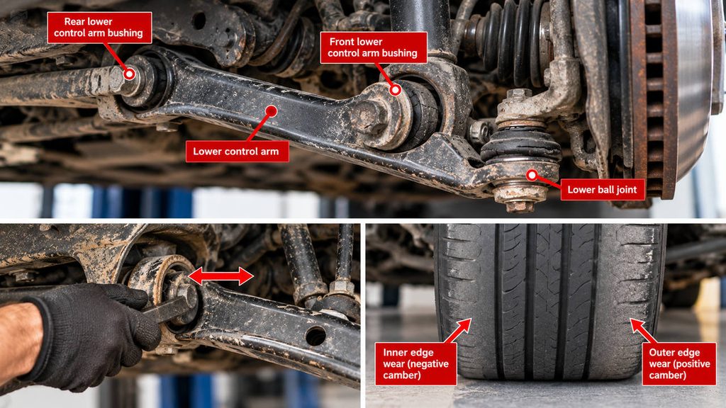 Lower control arm bushing inspection with a pry bar and examples of uneven tire edge wear