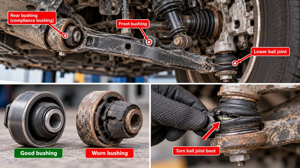 Comparison of worn lower control arm bushings and a lower ball joint with a torn dust boot