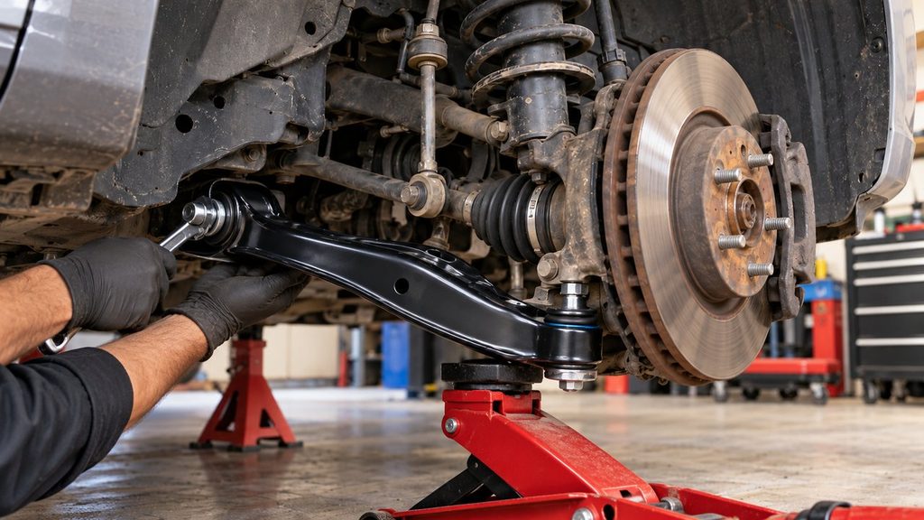 Mechanic tightening new lower control arm mounting bolt with suspension supported by a hydraulic jack