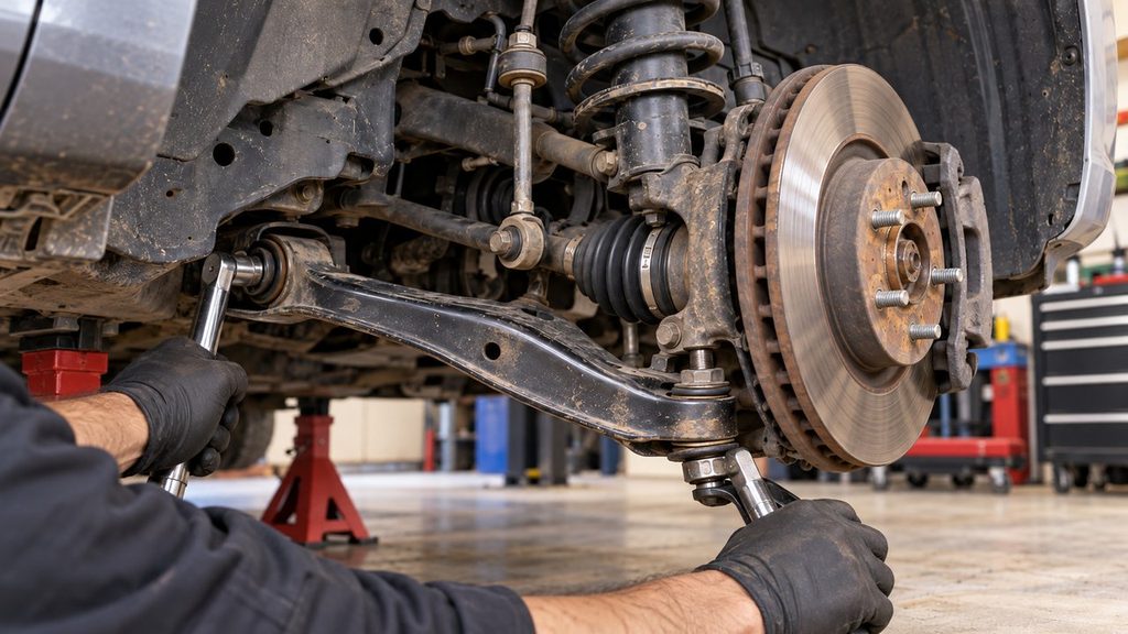 Mechanic loosening lower control arm mounting bolts and ball joint fasteners during suspension repair