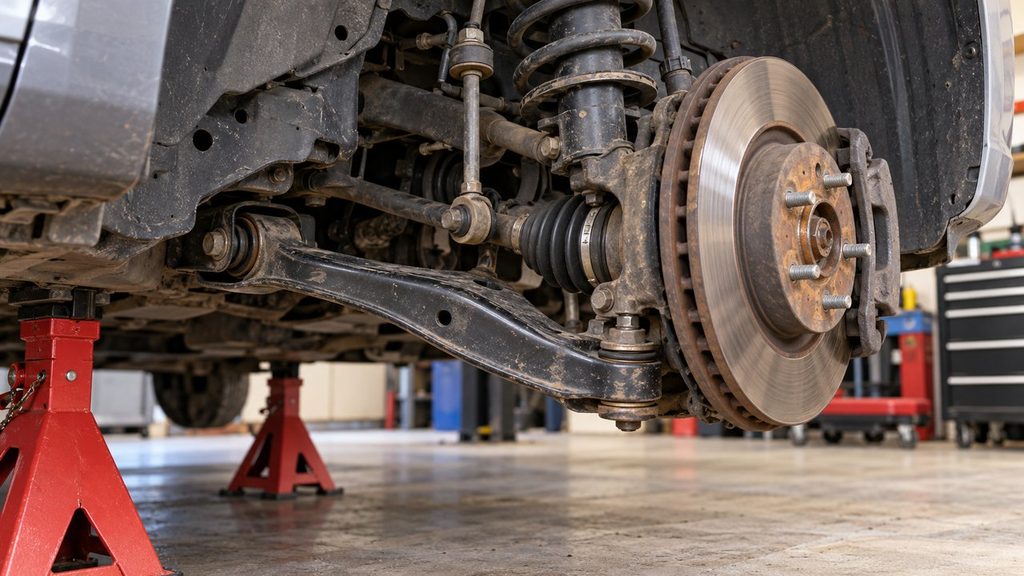 Front suspension with lower control arm, ball joint, brake rotor and mounting bushings visible