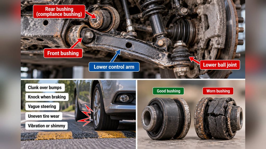 Bad lower control arm symptoms infographic showing suspension components, clunking, steering problems and worn bushings