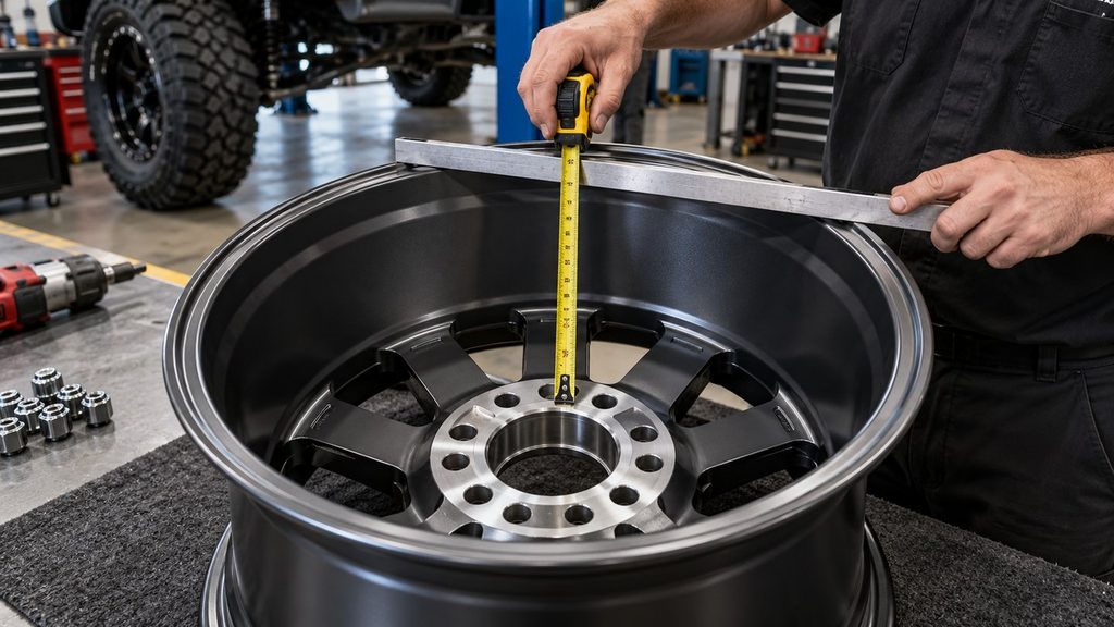 Mechanic measuring wheel backspacing with a straightedge and tape measure