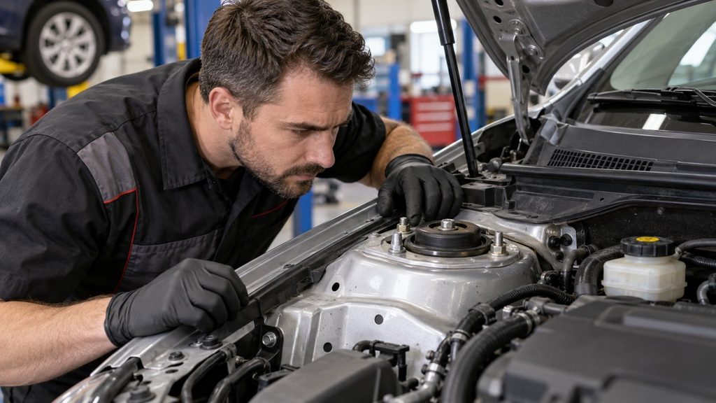 Mechanic visually inspecting an upper strut mount and mounting studs under the hood