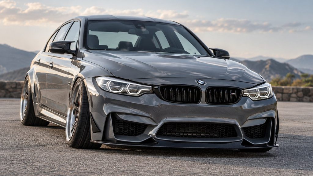 Performance car with visible negative camber on the front wheels