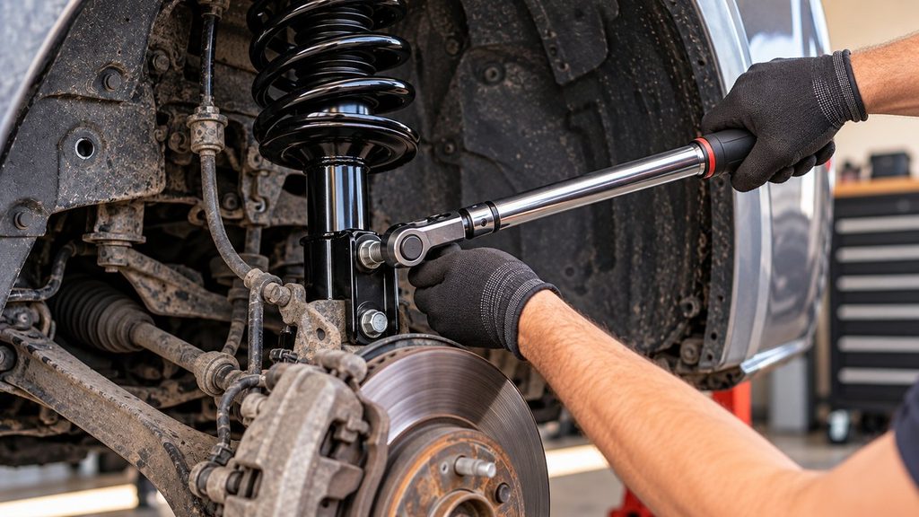 Mechanic tightening a new front strut mounting bolt with a torque wrench at the steering knuckle