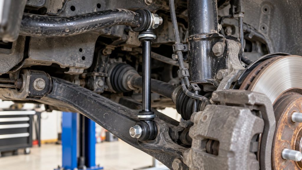New sway bar end link installed on a car front suspension with upper and lower mounting points visible