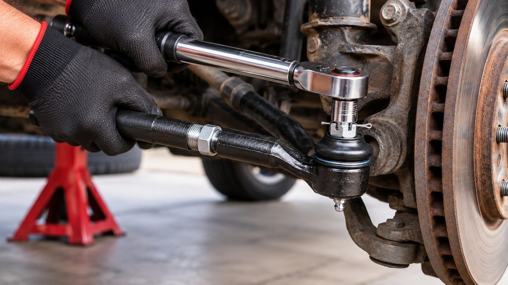 Mechanic using a torque wrench on an outer tie rod end castle nut at the steering knuckle